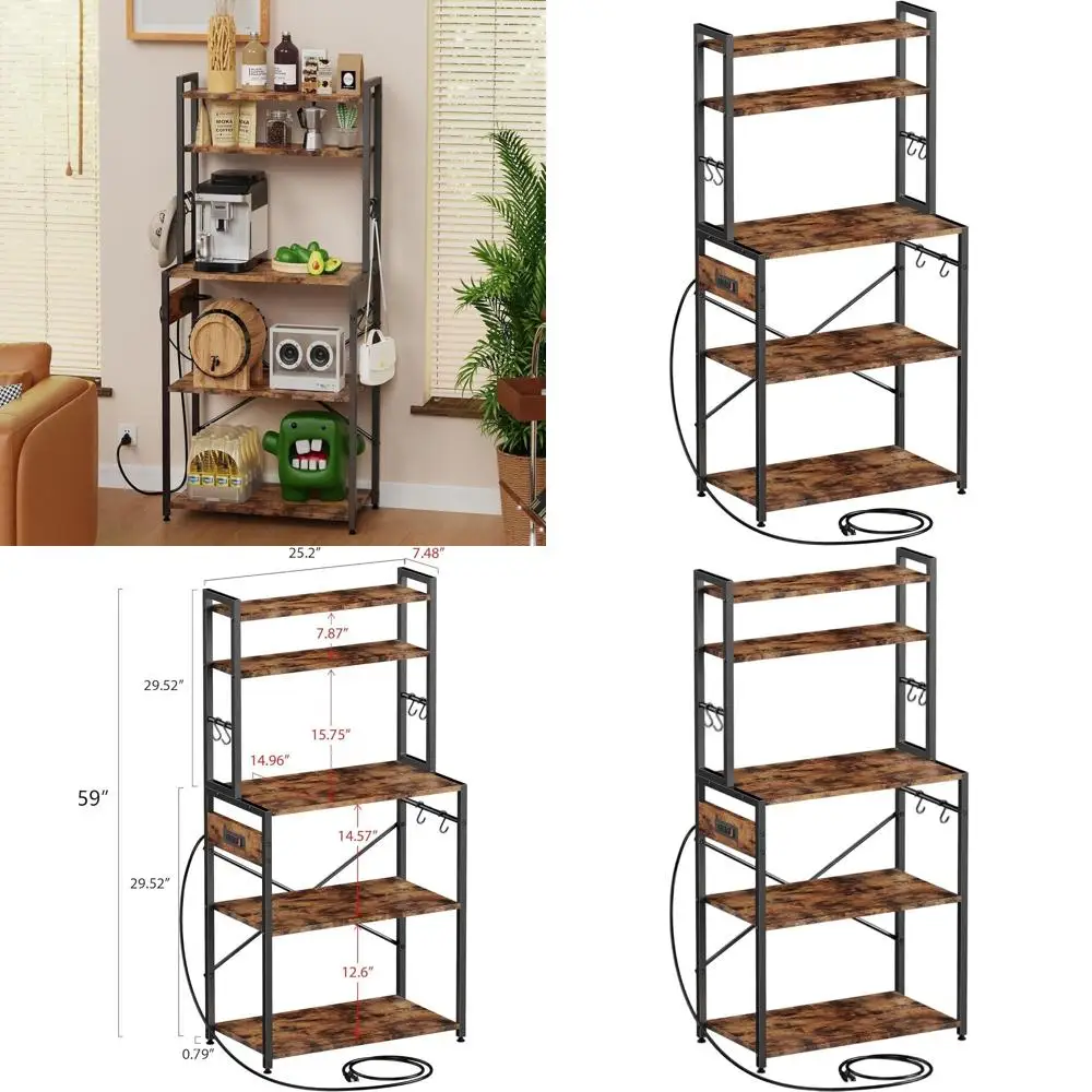 

5-Tier Microwave Stand with Power Outlet, S-Hook Kitchen Storage Rack, Rustic Brown for Coffee Bar or Home Use