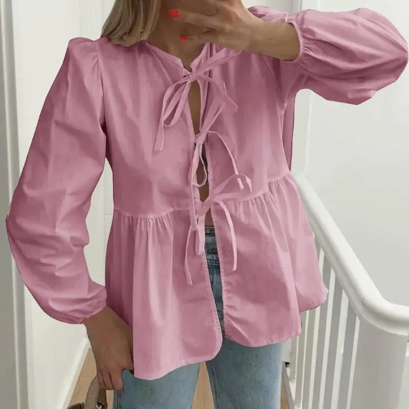 31BF Women's Babydoll Tops Spring Trendy 3/4 Length Puff Sleeve Bow Tie Front Peplum Blouses Shirts