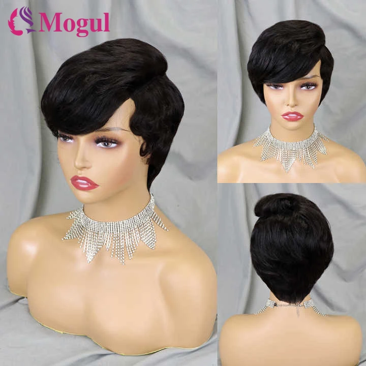 Short Pixie Wig Side Part Full Machine Made Wig Natural Color Ombre Brown Highlight Pixie Cut Wig Human Hair Wig For Women