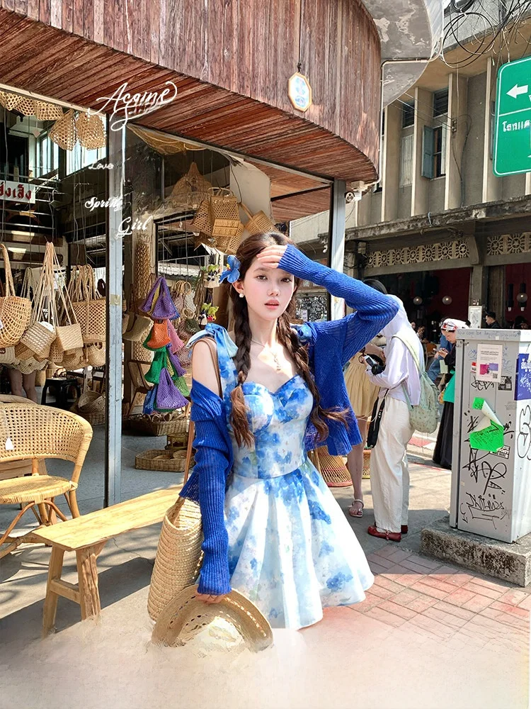 

Acaine Summer Cotton Linen Belted Waist Strap Dress Women's Sweet Style A-Line Skirt Short Sleeve Print Daily Wear Dress
