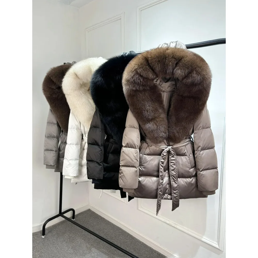 Janveny 럭셔리 대형 천연 실버 폭스 퍼 후드 2025 겨울 90% 구스 다운 재킷 여성 두꺼운 따뜻한 여성용 파카 방수