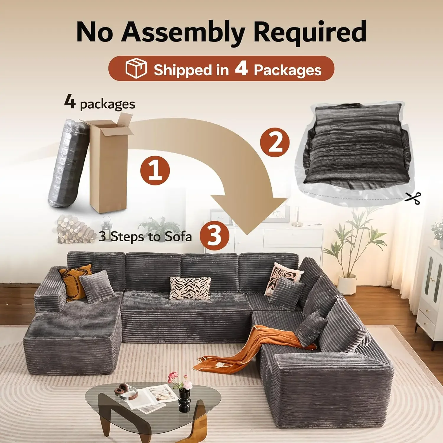 U Shaped Sofa Boneless Couch with Chaise 135