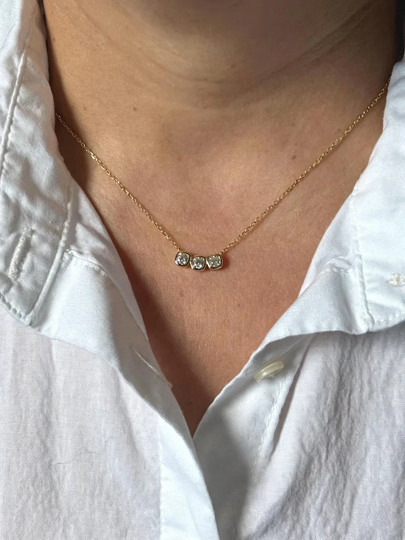OXTAO  Cushion Cut 3 Stones Necklace 14K Gold Filled Moissanite Smile Clavicle Chain Choker Necklace Party Women Jewelry Gifts