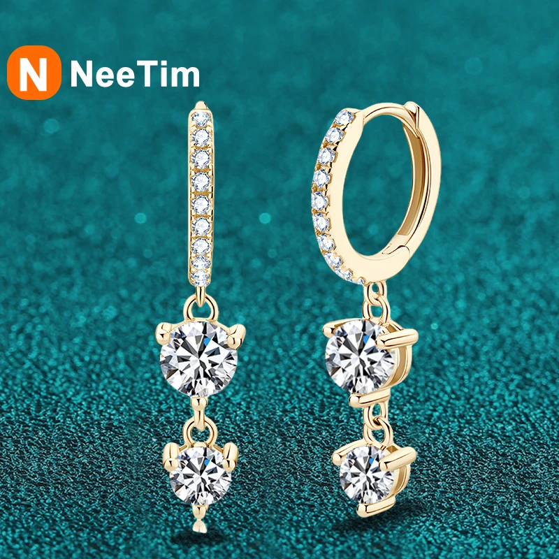 NeeTim 4mm 5mm D VVS1 Moissanite Long Tassel Earrings 925 Sterling Silver Hoop Dangle Earrings Wedding Party Fine Jewelry Gifts