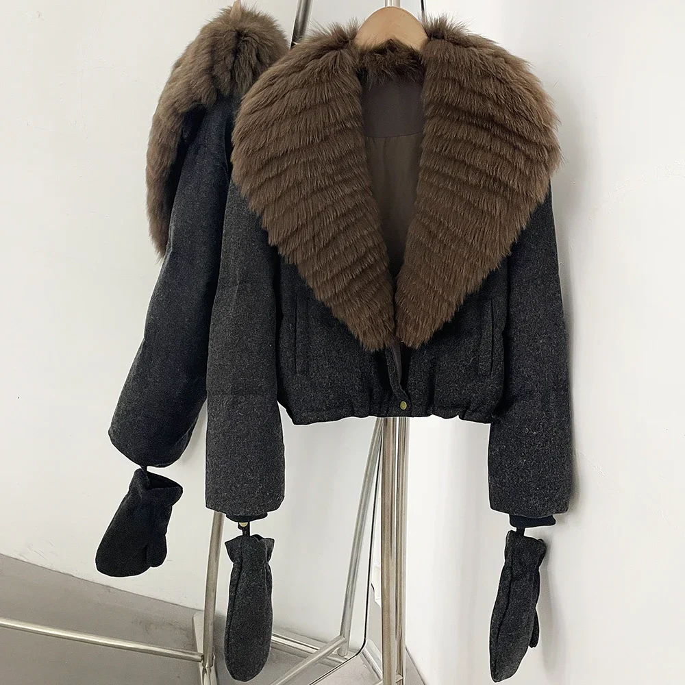OFTBUY Kleidung mit echtem Pelzbesatz, neuer Daunenmantel mit abnehmbaren Handschuhen, kurze Damen-Woll-Daunenjacke mit echtem Fuchspelzkragen – Detail 8