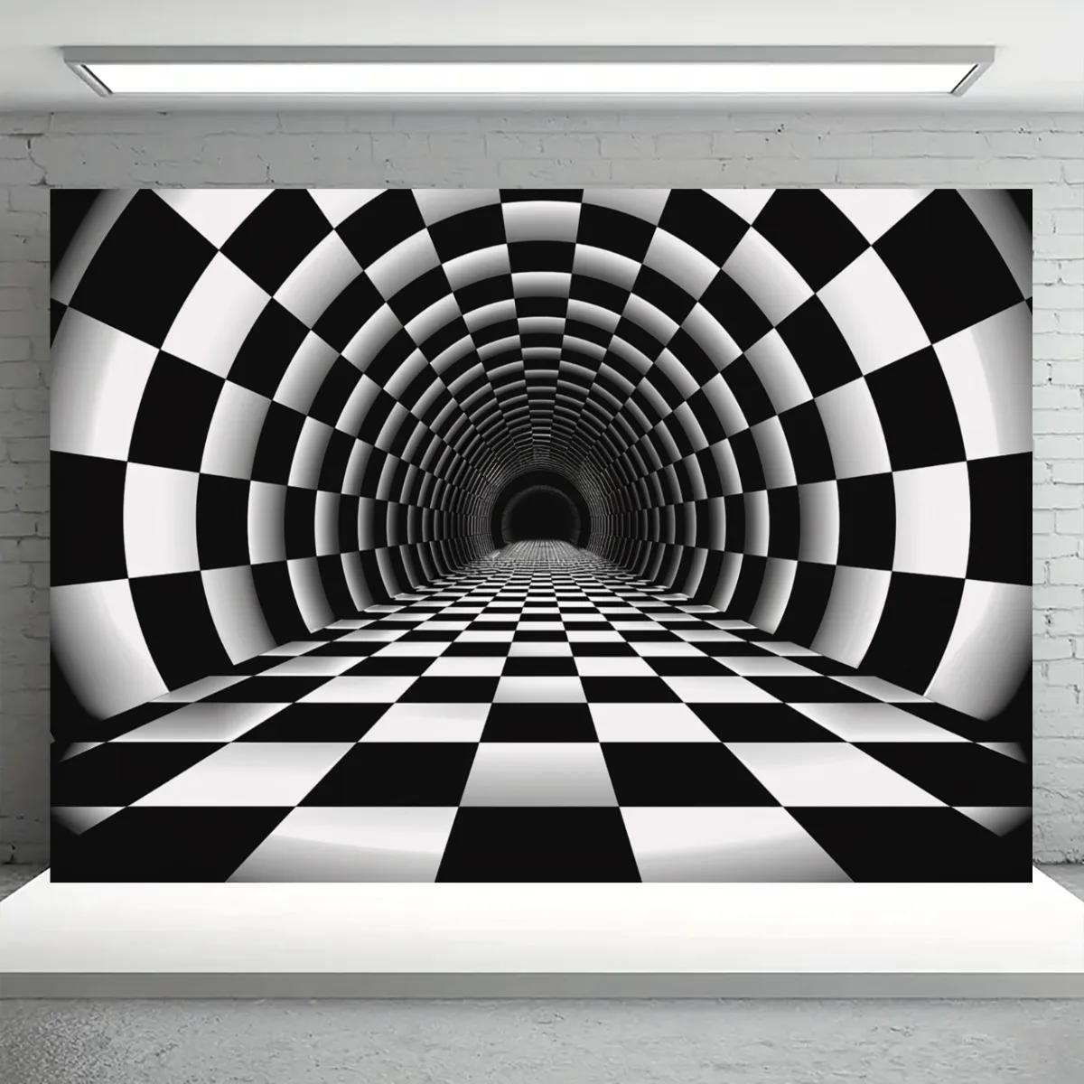 Black White Checkerboard Tunnel Optical Illusion Tapestry Psychedelic Wall Art Party Photo Booth Decor Geometric 3D Effect Print