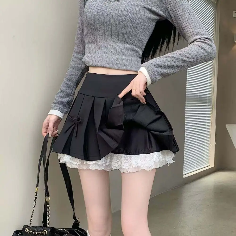 

Fashion Lace Pleated Mini Skirts A Line Ruffled Bowknot High Waist Skirt Preppy JK Dress Suit Mini Skirt Girls Lady