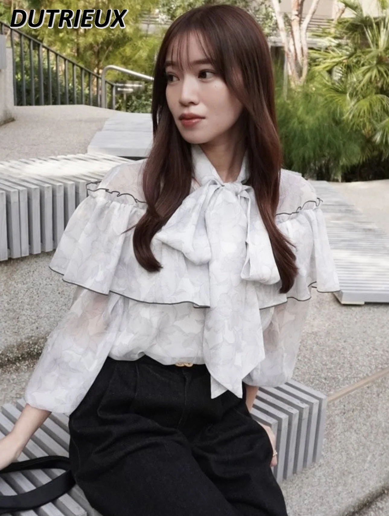 일본 봄, 가을 새로운 달콤한 연꽃 잎 가장자리 인쇄 레이스 업 셔츠 귀여운 소녀 다목적 긴팔 탑 Camisas