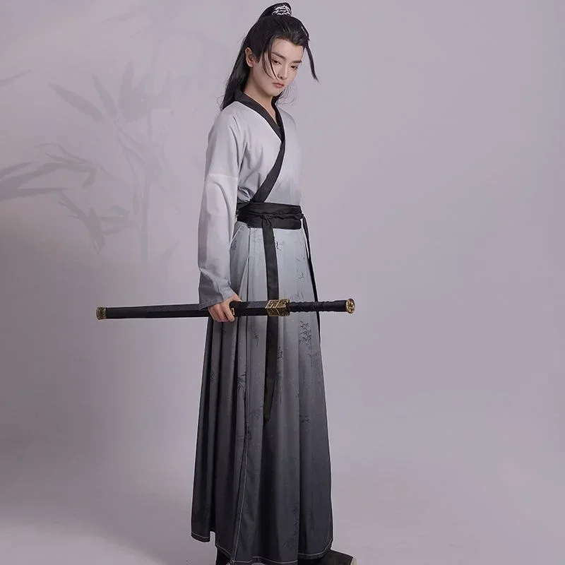 Fato chinês hanfu masculino e feminino, colarinho cruzado, comprimento da cintura estilo Wei Jin, camisa de manga grande estampada de estudante, roupa original, hanfu