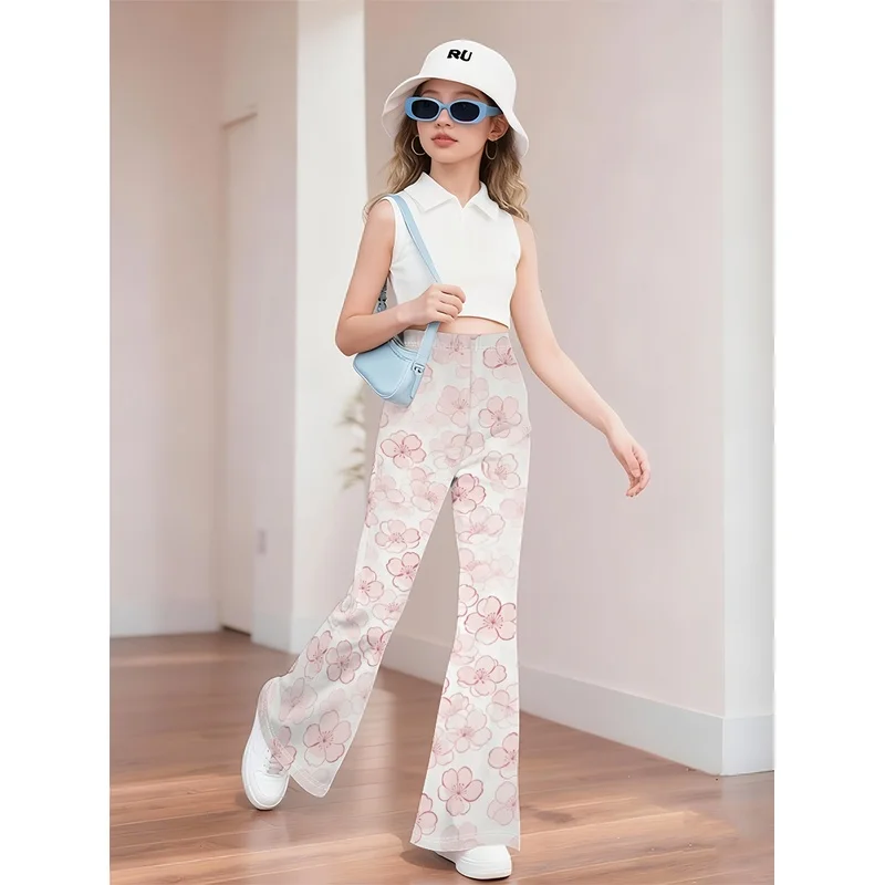 Girls All Over Print Flare Pants Stretchy Bell Bottom Leggings Elastic Waist Pants for Tween Teens Back to School Outfit