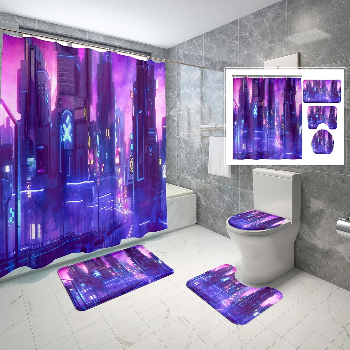 

Neon City Shower Curtain Sets 4 Pcs Colorful Night View Buildings Non-slip Bath Mat Toilet Lid Waterproof Shower Curtain Set