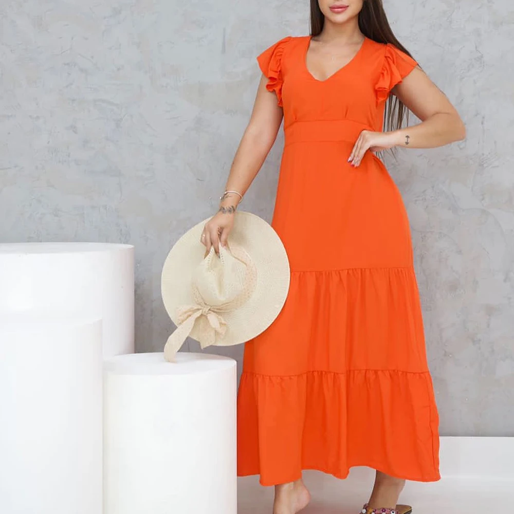 

Simple solid color pleats Evening Dress Classic Short Sleeves A-Line Special Occasion Gowns Ankle Length V Neck Robe de soirée