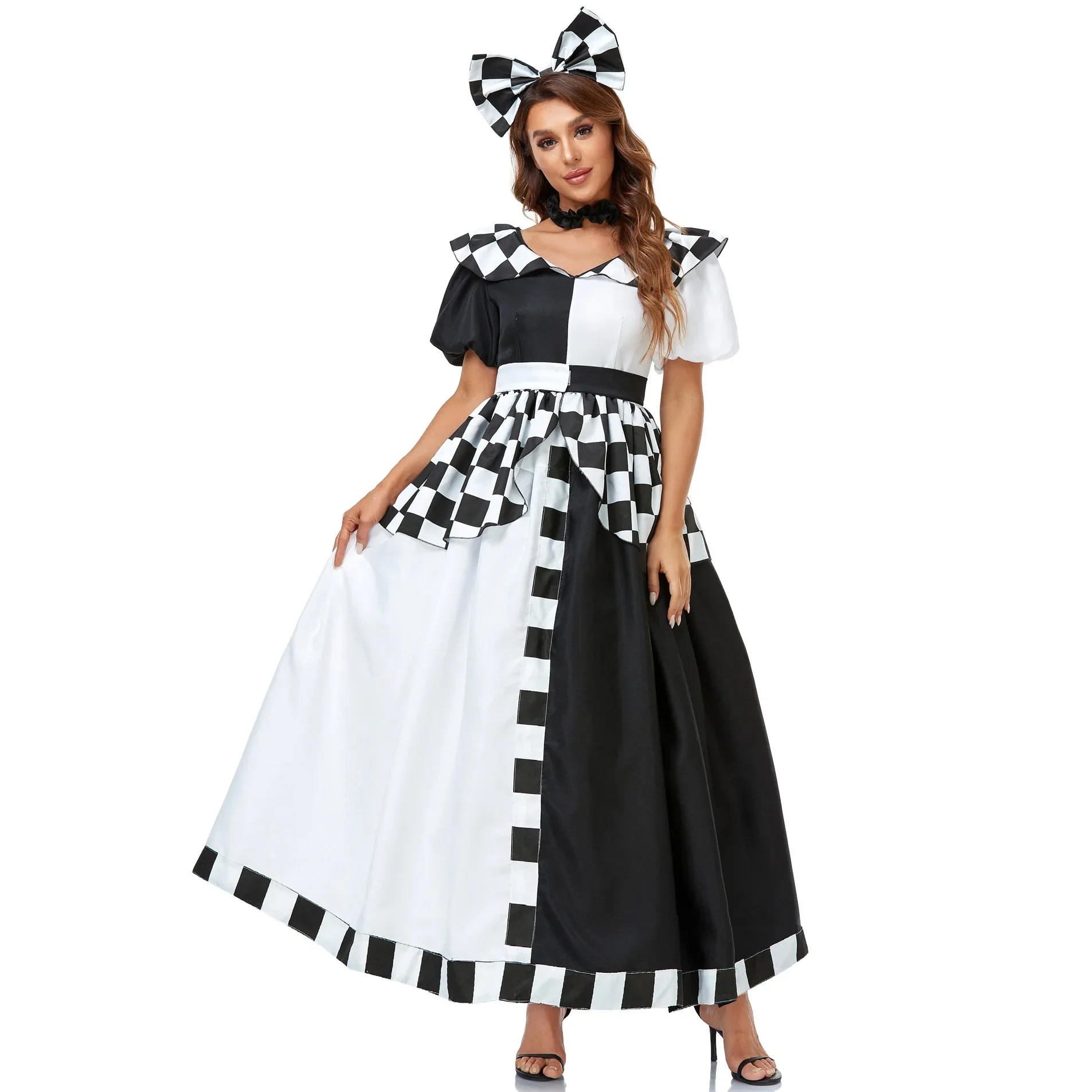 Alice In Wonderland Cosplay Costume Poker Queen Of Heart Dress Adult Halloween Carnival Festival Black and White Check Clothing