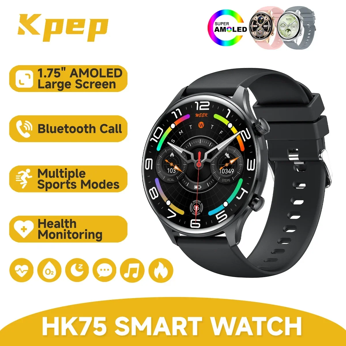 

Смарт-часы KPEP, 1,75 дюйма, AMOLED-дисплей HR/SpO2/монитор сна, беспроводные звонки, IP68, водонепроницаемые, несколько спортивных режимов для мужчин и женщин