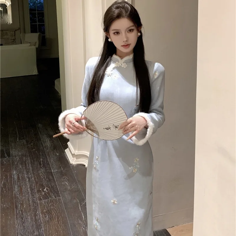 Thiened Floing nuevo chino Sle Dr mujer Otoño Invierno nuevo bordado Retro mejorado falda acampanada de cintura alta