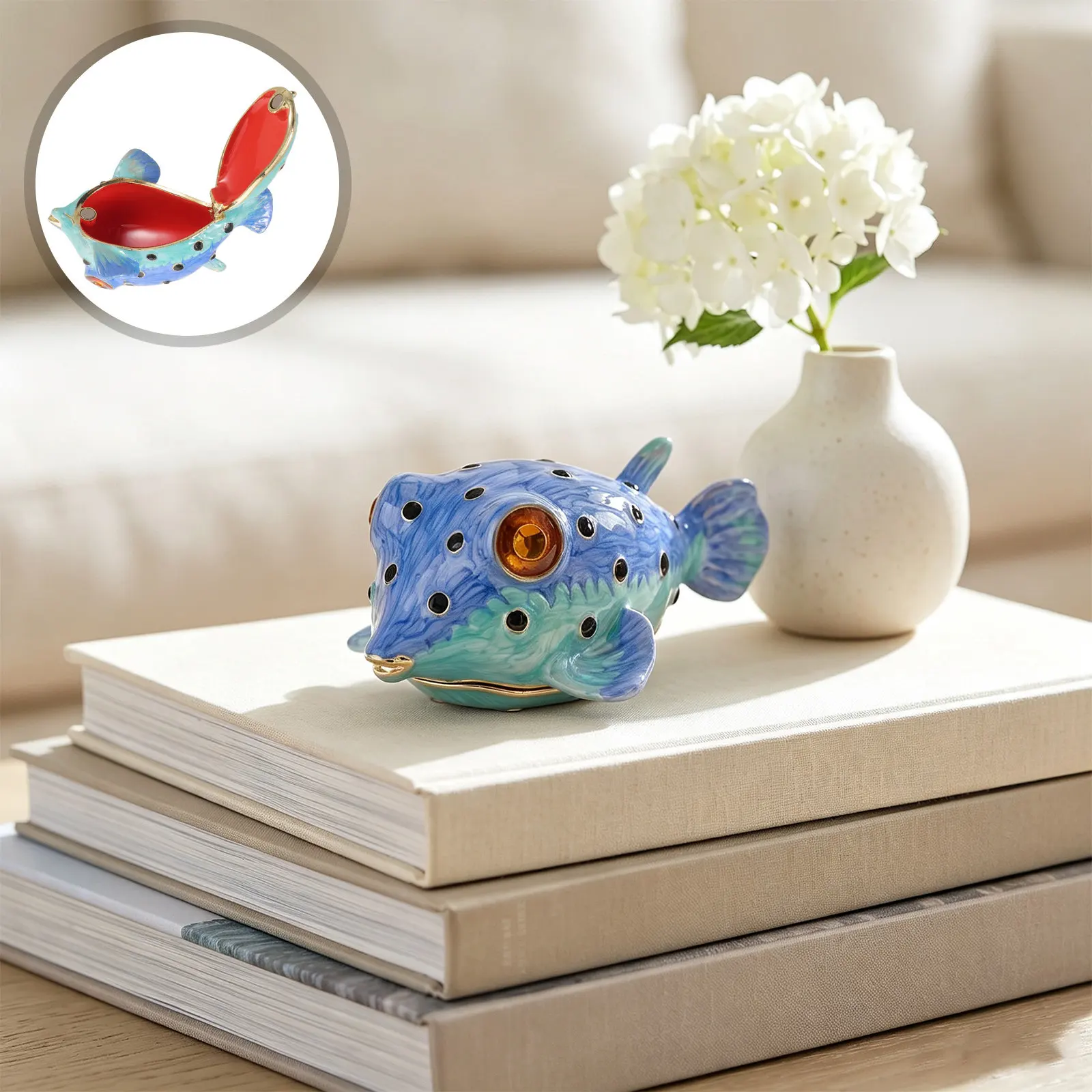 Metal Puffer Fish Jewelry Box Ocean Themed Trinket Organizer Hinged Lid Decorative Jewelry Storage Box Room Alloy