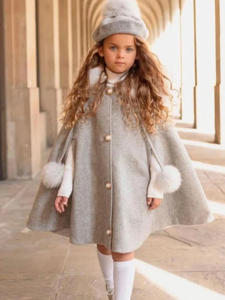 Winter Girls\' Wool Cape Fox Fur Collar Cloak Coat Children\'s Princess Baby New Years Woolen Shawl Christmas Clothes for Girls