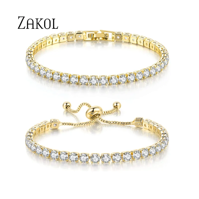 ZAKOL New Korean Style  Gold Plated Inlaid Zircon Adjustable Bracelet Set For Women Luxury Elegant Brilliant Wedding Jewelry