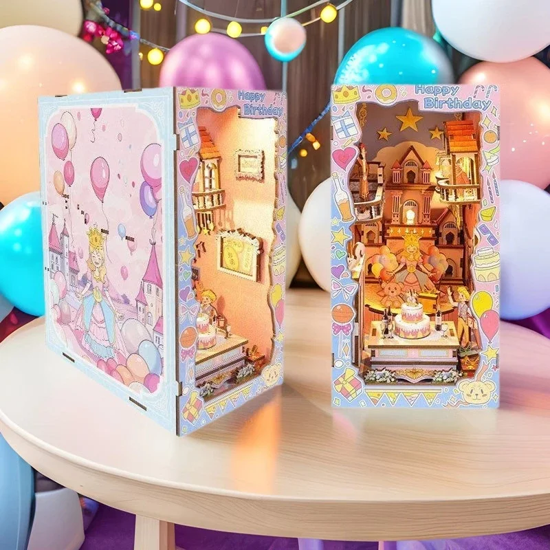 

Happy Birthday Cake Miniature Model Kits Bookshelf DIY Wooden Book Nook Shelf Insert Kit With Light Bookend for Friends Gifts