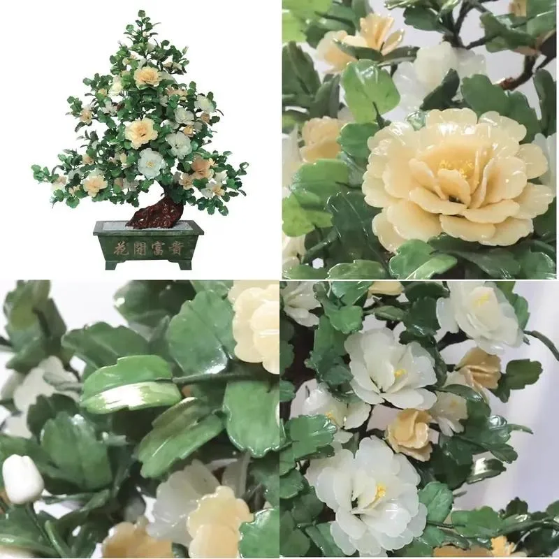 Large Jade Peony Bonsai Handicraft High End Natural Stone Decoration for Living Room Hotel Club Home Decor Gift