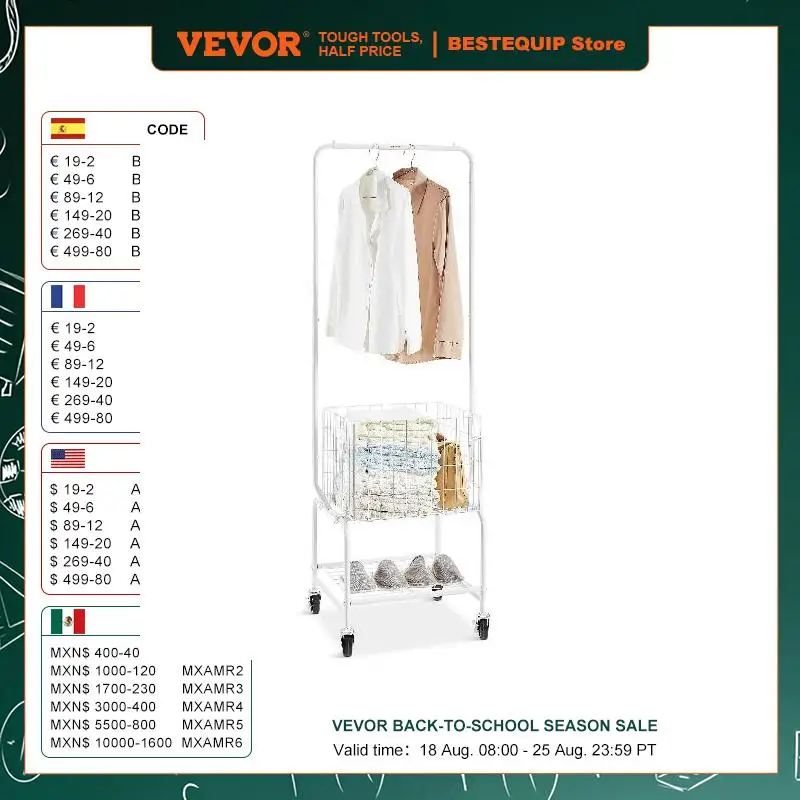 

VEVOR Metal Rolling Laundry Basket with Hanging Garment Rack Height Adjustment Laundry Hamper Cart with Basket Load & Shelf Load