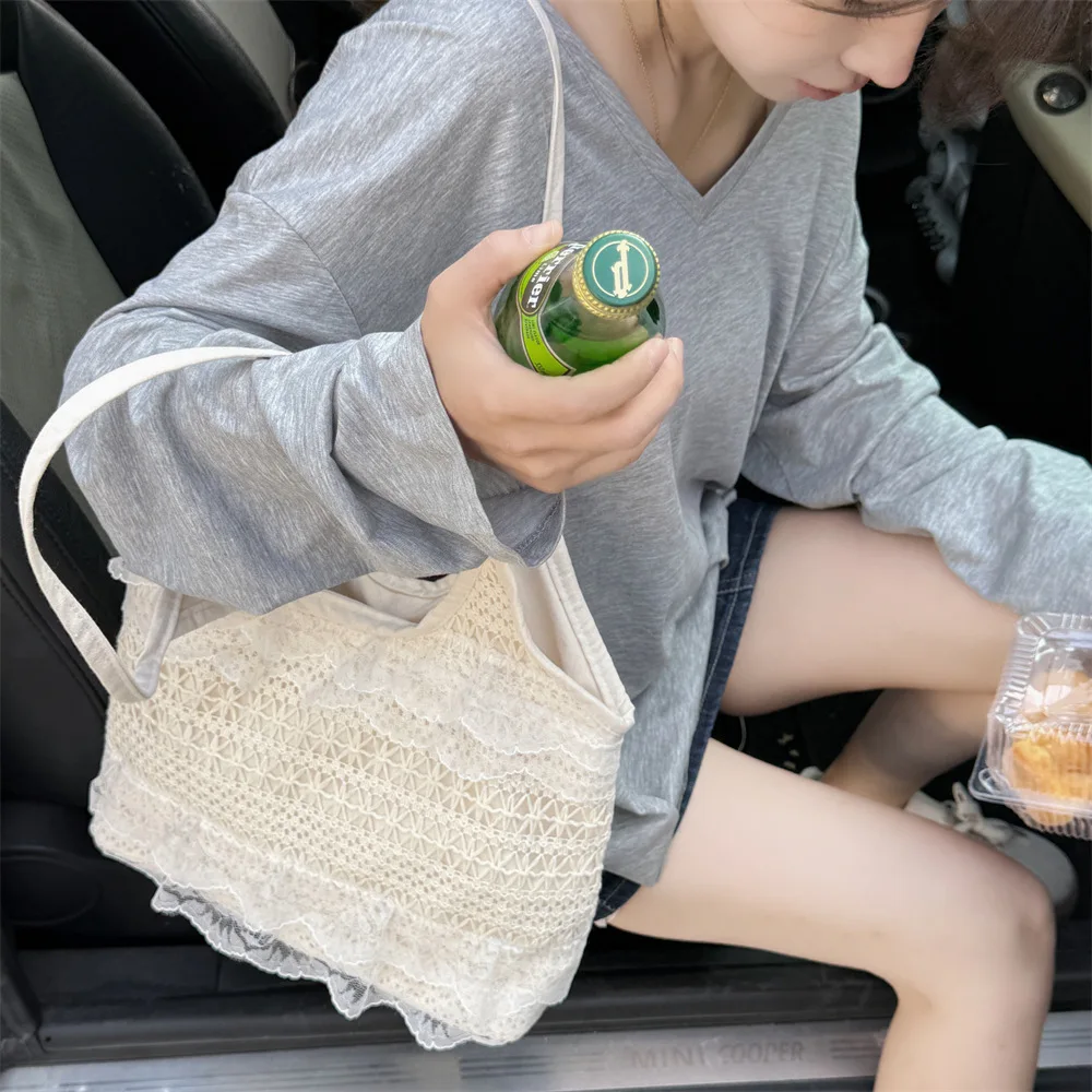 Summer Casual Vacation Fairy Lace Mesh Tote Bag Underarm Single Shoulder Sling Bag Large Capacity Commuting Women's Handbag Bag