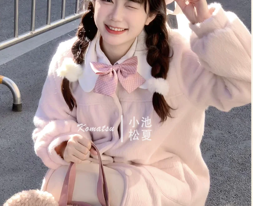 Winter Lolita Fashion Thickened Sweet Peter Pan Collar Coat Cute Girls Woolen Loose Versatile Age-reducing Long-sleeved Tops