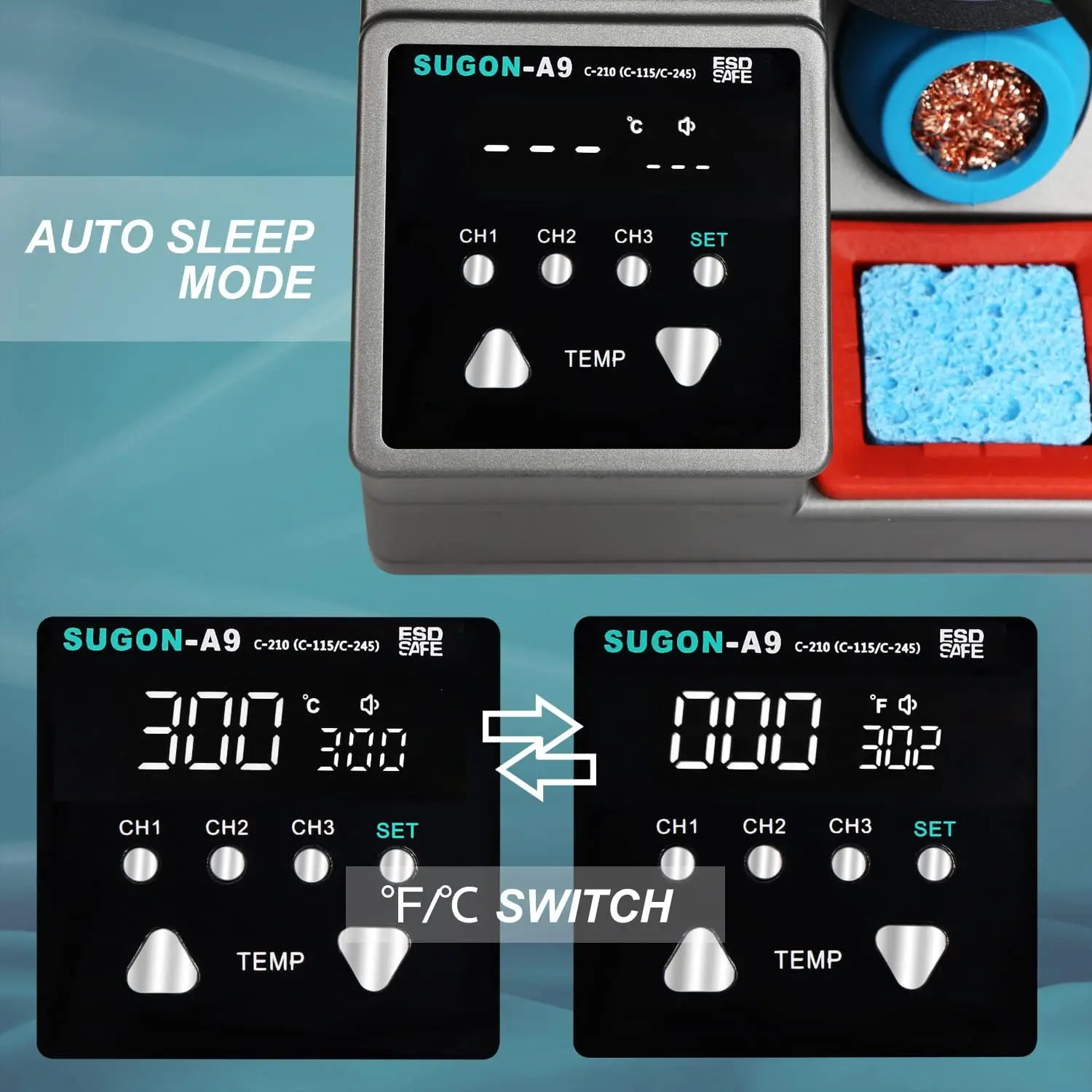 Estación de soldadura digital SUGON A9 245, calentamiento rápido 3s, 110 V, 6 puntas, 212-842 ℉ , Estante de repuesto