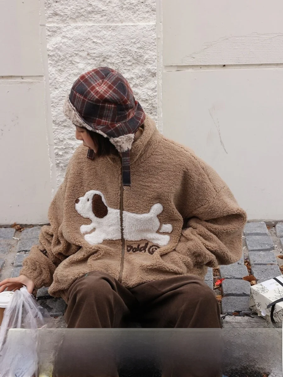 

Soft Fun Dog Pattern ort Jaet Women's Lamb Fur Collar Color Blo Top Odder Original Polyester Fiber Long Sve Coat