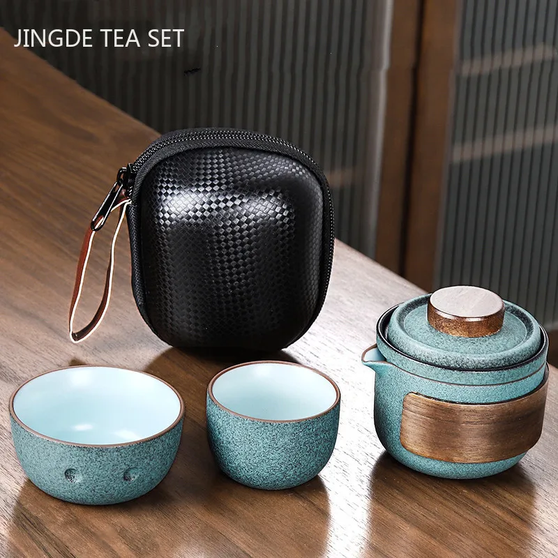 

Travel Teaware Suit Ceramic One Pot Two Cups Car Portable Tea Set Outdoor Tea Maker Home Gaiwan Tea Cup Set Customized Gifts