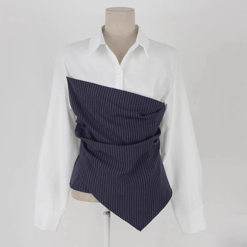 

Chic Long Sve irt Stand Collar Color Blo Striped Unregular Faionable Slimming Korean Sle Commute Loose Fit Ladies'...