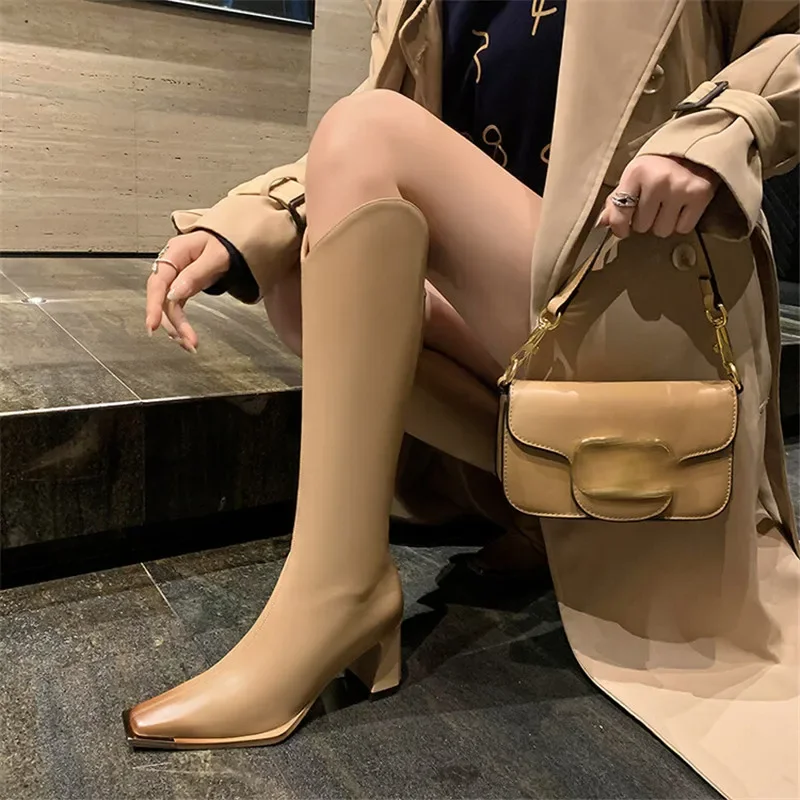 2023 New Winter Knee-High Boots for Women Square Toe Knight Boots Split Leather Women Boots High Heels Concise Boots De Mujer