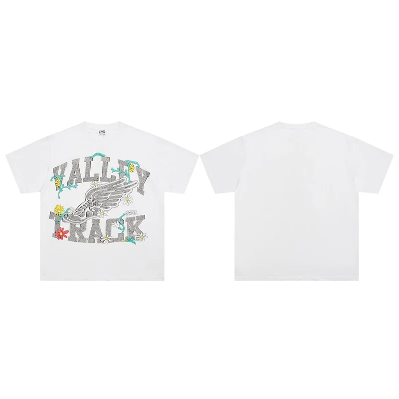 Hot Diamond Letter Logo VALLEY White T-Shirts American Casual Pure Cotton Vale Oversized Short Sleeve
