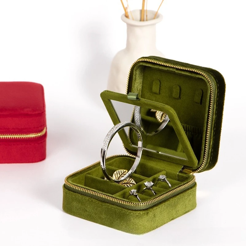 

Vintage Velvet Travel Jewelry Storage Ring Box Flip with Mirror Organizer Jewelry Box organizer packaging box storage box