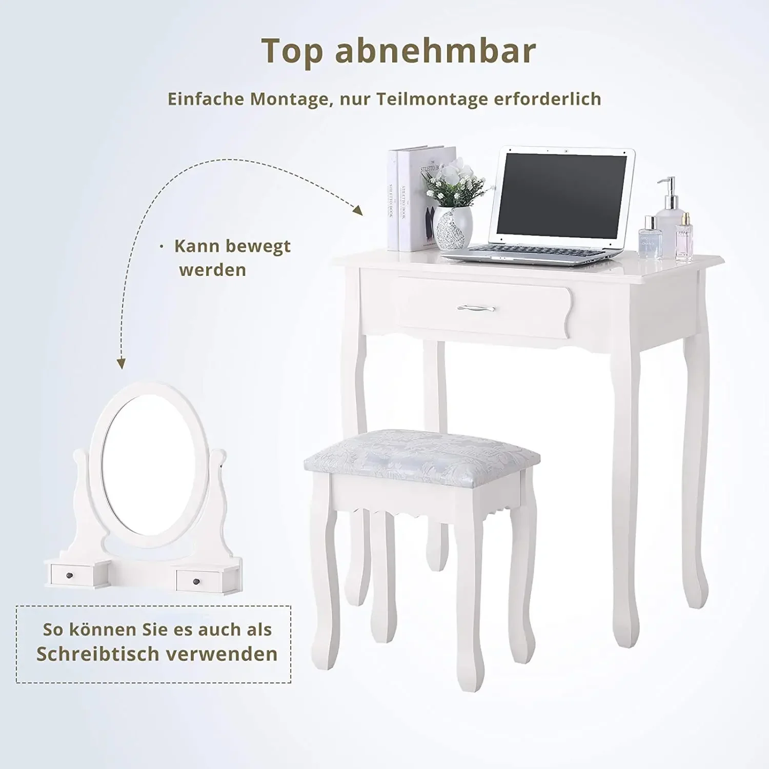 Lazyspace Vintage Luxurious Bedroom Dresser With Round Mirror Upholstered Stool Set Dressing Table with Mirror and 3 Drawers