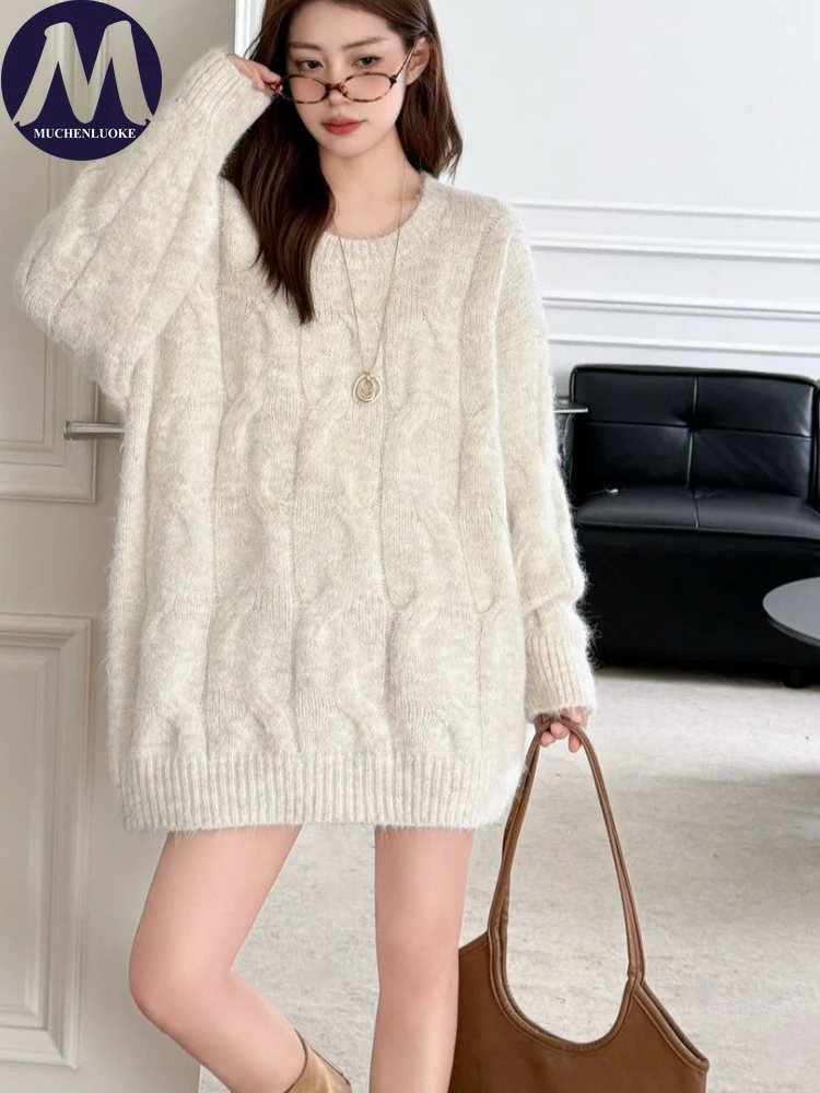 

Women's Korean Fashion O-Neck Knitted Sweater Autumn Winter Warm Thick Casual Loose Style Pullover for Elegant Look