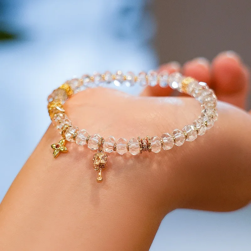 Chinese Style Lucky Blessing Faceted Clear Quartz Beaded Bracelet For Women Gold Plated Zircon Inlaid Tibetan Bell Charm Wealth