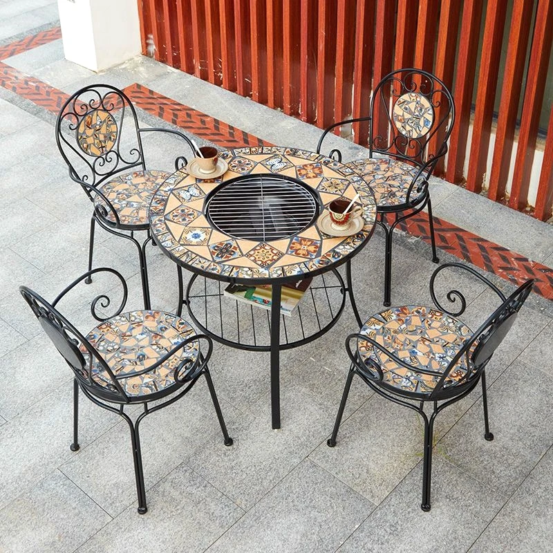 

Household charcoal grilled round table casual wrought iron mosaic dining table and chair set