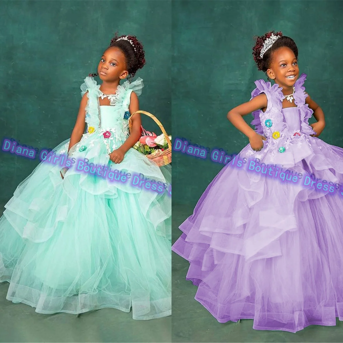 Customised Layered Flower Girl Dress Elegant  Tulle Fluffy 3D Applique Little Princess Kids Birthday Party Ball Evening Gowns