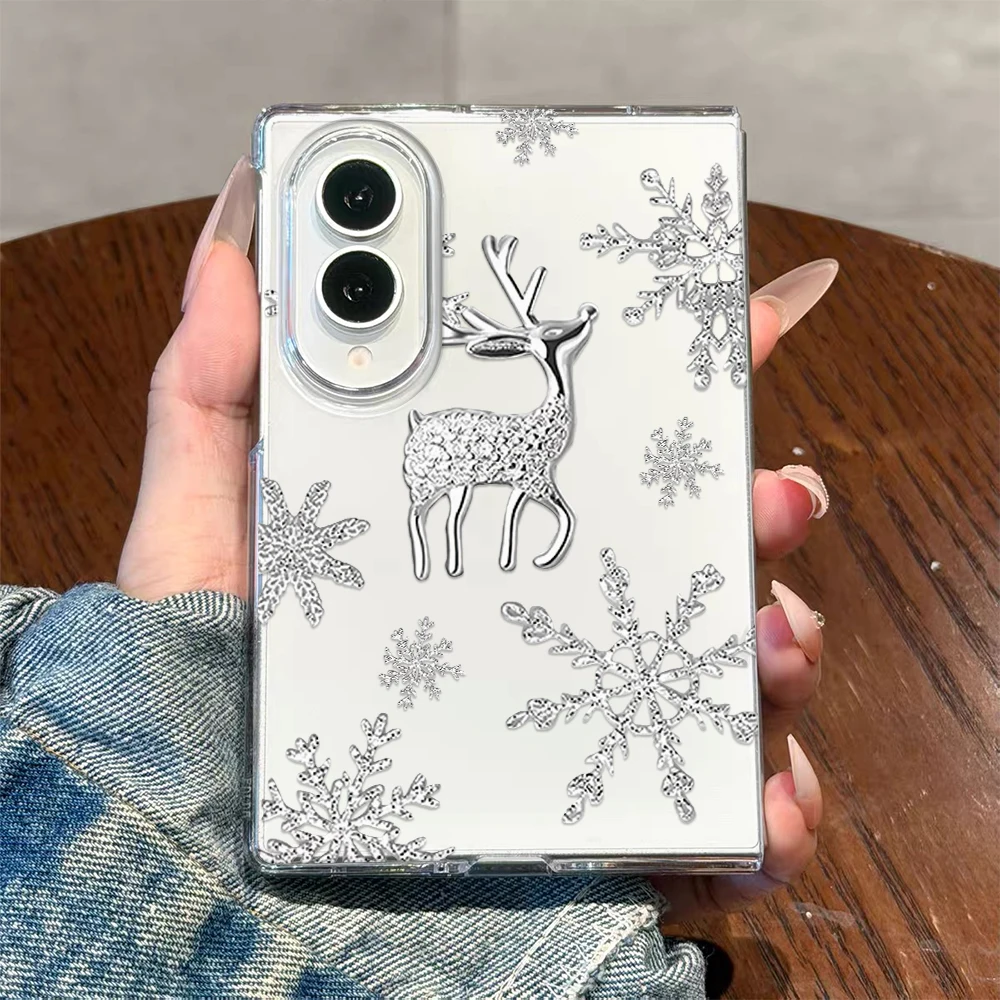 Silver Reindeer Snowflake Hard Clear Pc Phone Case For Samsung Galaxy Z Fold 8 7 6 5 4 3 2 Clear Wear Resistant Daily Cover
