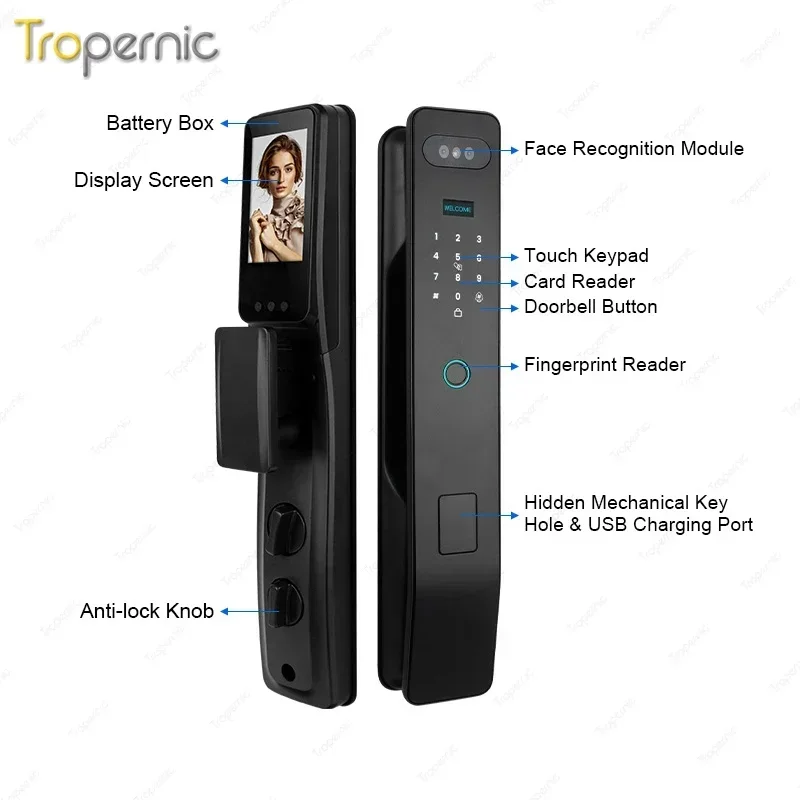 Tuya-Impermeável Dupla Face Fechadura Da Porta Deslizante com Câmera, Wi-Fi Eletrônica, Reconhecimento Facial, Smart Door Lock, ao ar livre, 3D