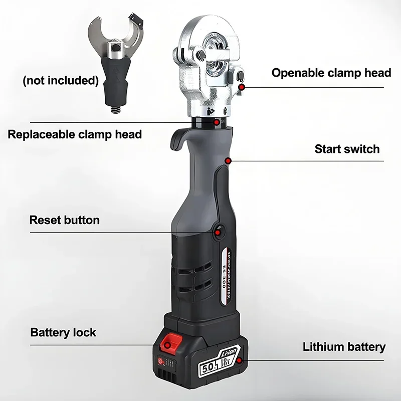 Crimpatrice idraulica elettrica ES-300 con manico dritto per terminali in rame e alluminio da 10-300 mm2 con crimpatura rapida e 360 °   Rotazione