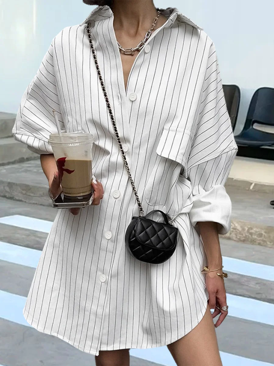 Short Skirt Striped Black White Contrasting Dresses Long Sleeve Blouse Commuting Dress Sexy Elegant Mini Thin Frock Women