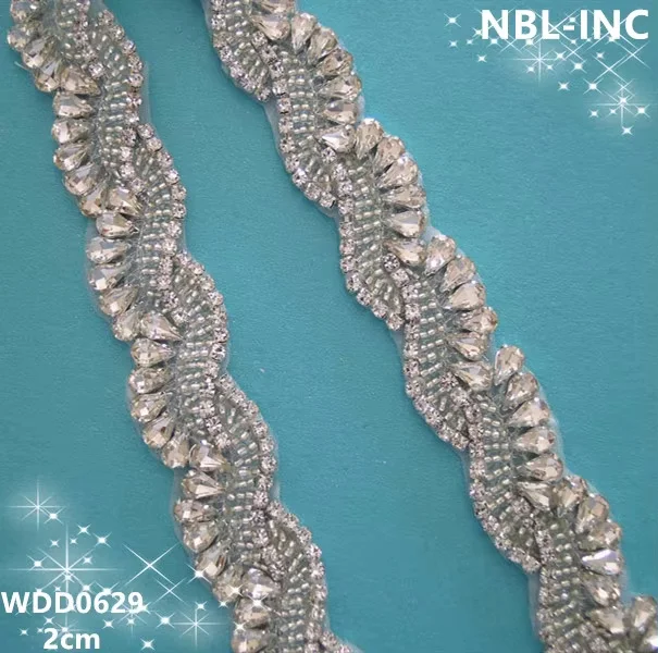 (10 yards) Wholesale hand beaded sewing silver clear rhinestone applique trim for wedding dress WDD0629