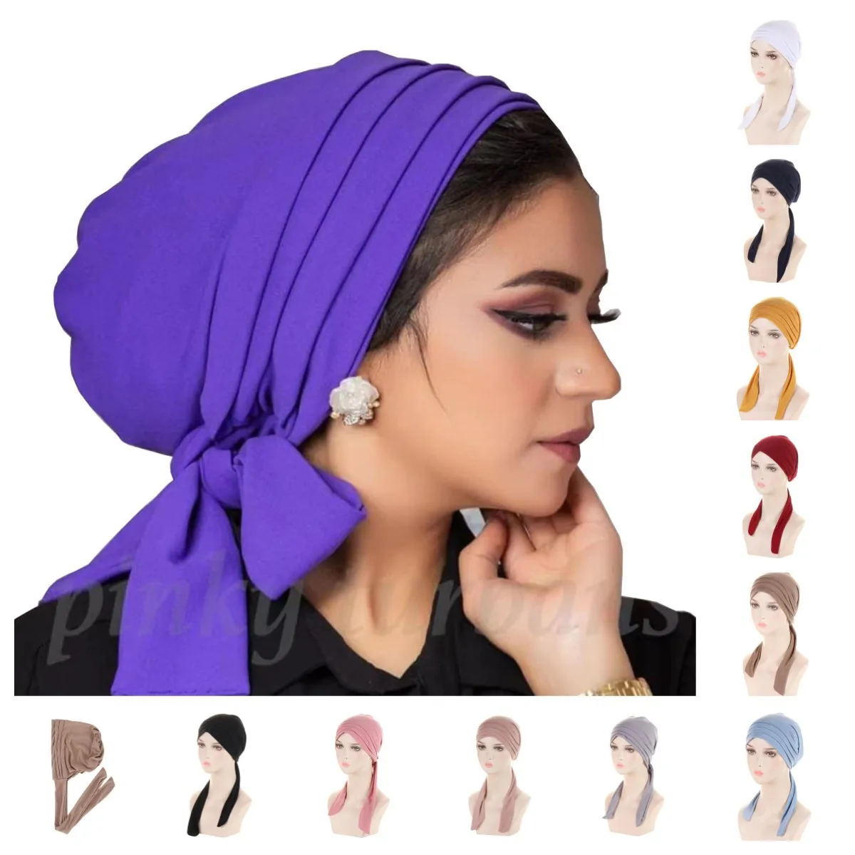 

Crystal Hemp Muslim Hijab Caps Ramadan Women's Longtail Headscarf Hat Chemo Hats Hair Care Solid Color Turban Bonnet