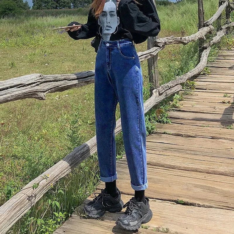 กางเกงยีนส์คาร์โก้ทรงวินเทจสำหรับผู้หญิง สไตล์ฮาราจูกุ ทรงขากว้างแบบอเมริกันเรโทร กางเกงเดนิมทรงหลวม สไตล์กยารุ สตรีทแวร์