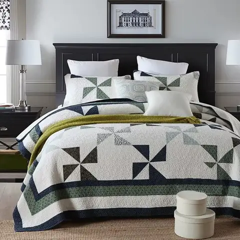 3PCS Cotton Bedspread Quilt Set Queen Size Windmill Patchwork Pastoral Coverlet with 2 Pillowcases Cozy Lightweight Bedding Set