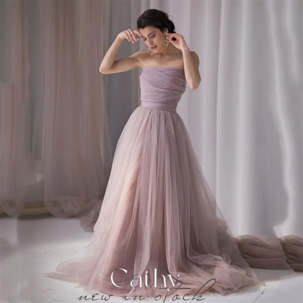 

Cathy Fantasy Purple A-line فساتين مناسبة رسمية Strapless A-line Prom Dress 2023 Gentle Tulle Sweep Train Vestidos De Noche