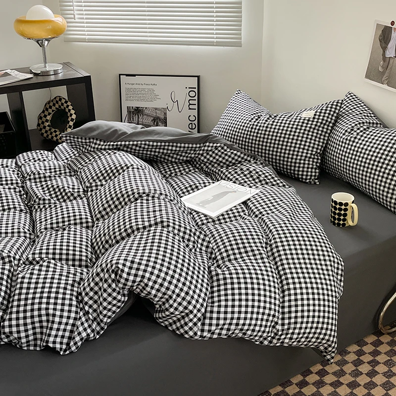Japanese Style Check Queen Quilt Cover Set 1/3 Pcs Soft Washed Duvet Cover and Pillowcase or Only Duvet Covers Skin-friendly