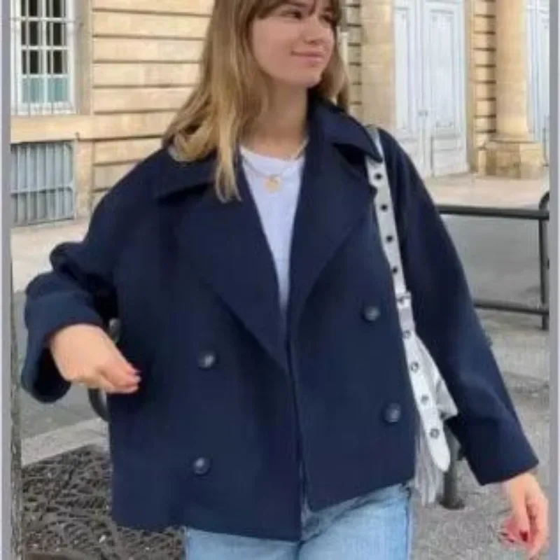 

2025 Autumn Winter Coats Women Casual Double Breasted Turn Down Collar Female Short Jackets Chic Lady Loose Demi Season Outcoat